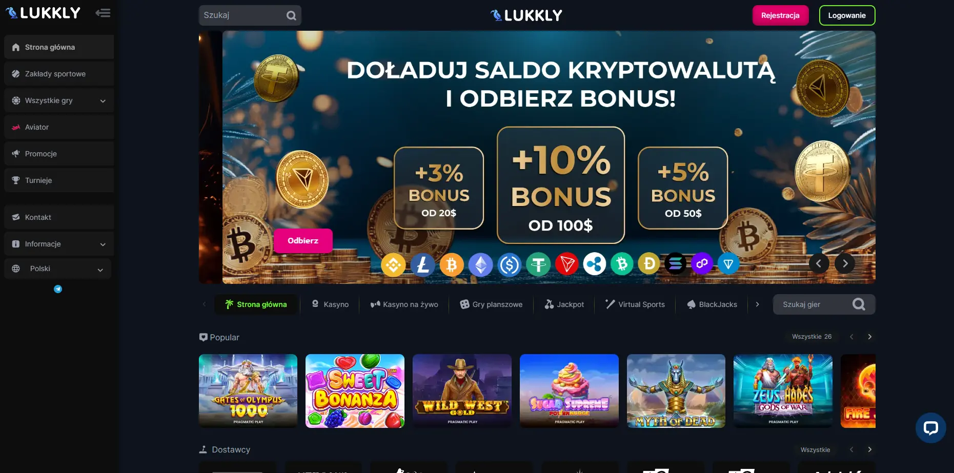 Zrzut ekranu z interfejsu Lukkly Casino — przegląd gier, menu nawigacyjne, język polski